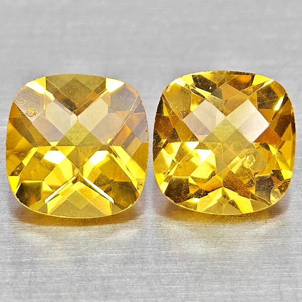 Natural Yellow Citrine Gemstones 1.87 Ct. 2 Pcs. Cushion Checkerboard Cut 6.4 x 6.4 Mm.: Product ID: 801815248 Product Name: Natural Citrine Weight: 1.87 CT. Size: 6.4 x 6.4 x 4.3 MM. Shape: Cushion Checkerboard Cut Color: Yellow Clarity:VSI Luster: Good Gems Origin: Brazil Treatment: Unh