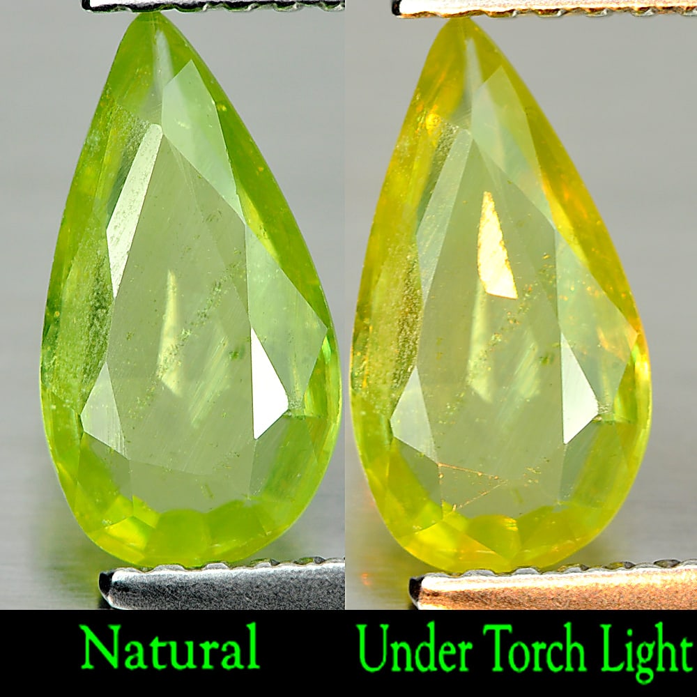 Natural Green Titanium Sphene With Rainbow Spark 0.91 Ct. Pear Shape 10.1 x 5.4 Mm.: Product ID: 806507887 Product Name: Natural Sphene Weight: 0.91 CT. Size: 10.1 x 5.4 x 2 MM. Shape: Pear Color: Green With Rainbow Spark Clarity:SI1 Luster: Adamantine Gems Origin: Madagascar Treatmen
