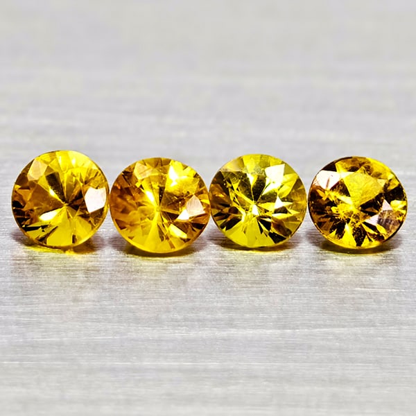 Natural Yellow Sapphire Gemstones 0.83 Ct. 4 Pcs. Round Diamond Cut 3.5 Mm.: Product ID: 806162312 Product Name: Natural Yellow Sapphire Weight: 0.83 CT. Size: 3.5 x 3.5 x 2.3 MM. Shape: Round Diamond Cut Color: Yellow Clarity:VSI - SI1 Luster: Good Gems Origin: Thailand Treat