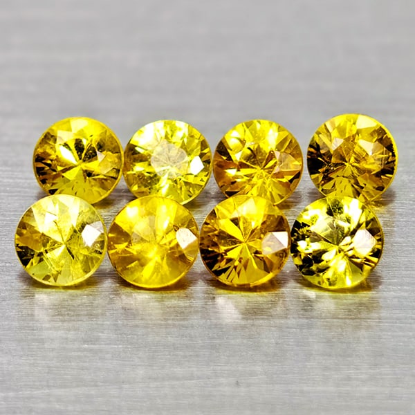 Natural Yellow Sapphire Gemstones 1.62 Ct. 8 Pcs. Round Diamond Cut 3.4 Mm.: Product ID: 806162318 Product Name: Natural Yellow Sapphire Weight: 1.62 CT. Size: 3.4 x 3.4 x 2.3 MM. Shape: Round Diamond Cut Color: Yellow Clarity:VSI - SI1 Luster: Good Gems Origin: Thailand Treat