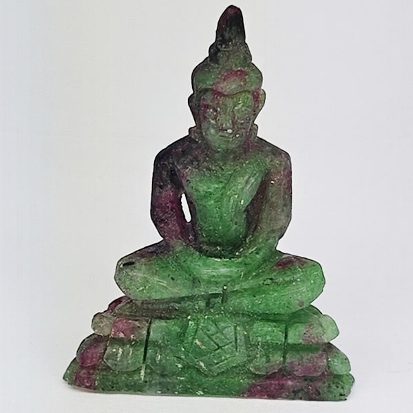 Natural Red Green Ruby Gemstones in Zoisite 61.40 Ct. Buddha Carving Shape 42 x 30 Mm. (1 of 3)