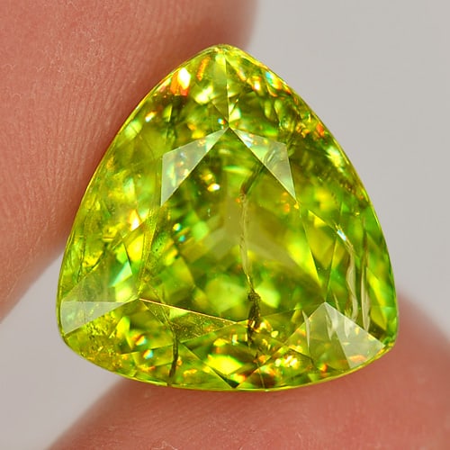 Natural Green Titanium Sphene Gemstones Rainbow Spark 11.83 Ct. Trilliant Shape 14.6 x 14.6 Mm. (1 of 3)