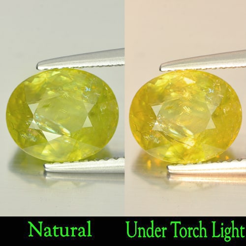 Natural Intense Green Sphene Gemstones With Rainbow Spark 3.16 Ct. Oval Shape 9.6 x 8 Mm.: Product ID: 806504807 Product Name: Natural Sphene Weight: 3.16 CT. Size: 9.6 x 8 x 4.9 MM. Shape: Oval Color: Intense Green With Rainbow Spark Clarity:VSI Luster: Adamantine Gems Origin: Madagascar T