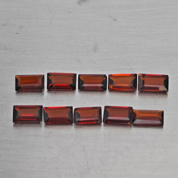Natural Orangish Red Garnet Gemstones 2.82 Ct. 10 Pcs. Baguette Shape 5.1 x 3.2 Mm.: Product ID: 802937895 Product Name: Natural Red Garnet Weight: 2.82 CT. Size: 5.1 x 3.2 x 1.9 MM. Shape: Baguette Shape Color: Orangish Red Clarity:SI1 Luster: Good Gems Origin: Tanzania Treatment: Un
