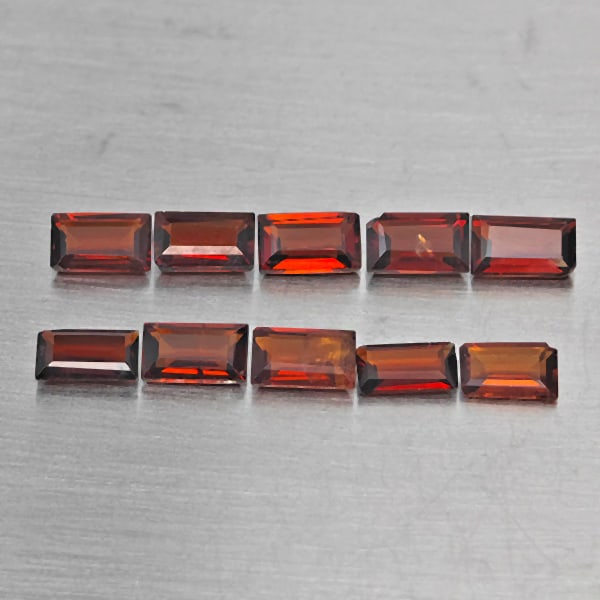Natural Orangish Red Garnet Gemstones 3.02 Ct. 10 Pcs. Baguette Shape 5.3 x 3.2 Mm.: Product ID: 802937891 Product Name: Natural Red Garnet Weight: 3.02 CT. Size: 5.3 x 3.2 x 2.2 MM. Shape: Baguette Shape Color: Orangish Red Clarity:SI1 Luster: Good Gems Origin: Tanzania Treatment: Un