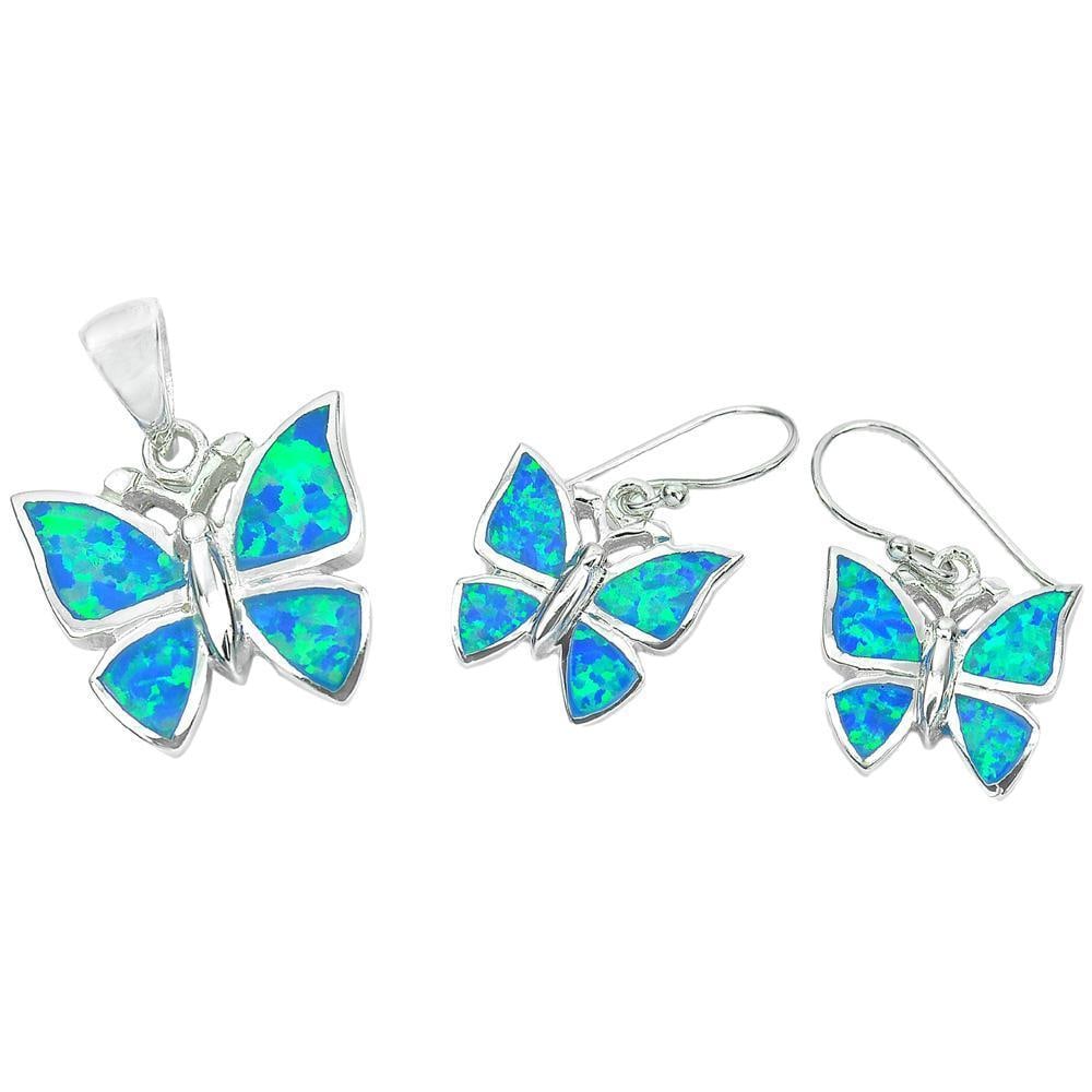 925 Sterling Silver Jewelry Sets Butterfly Pendant & Earrings with Multi Color Blue Created Opal (1 of 3)