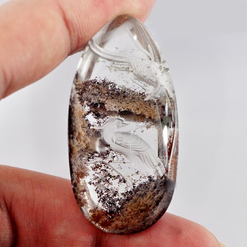 Natural Moss Quartz Gemstones 100.00 Ct. Birds Carving Inner Pear Cabochon Shape: Product ID: 805527074 Product Name: Natural Quartz Weight: 100.00 CT. Size: 46 x 23 x 15 MM. Shape: Pear Cabochon Color: White Clarity:Semi - Transparent Luster: Good Gems Origin: Thailand Treatment: 