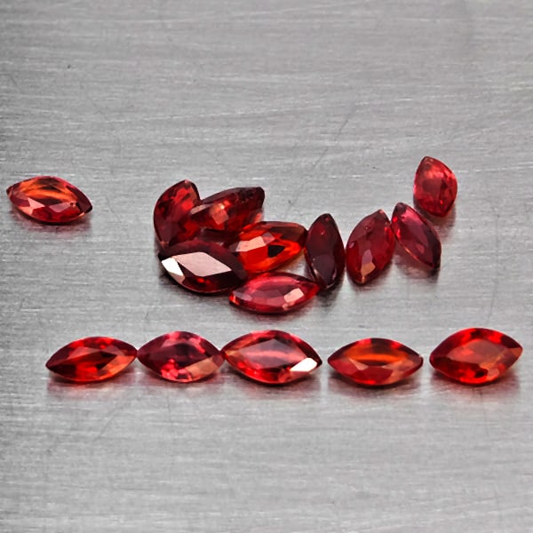 Natural Orangish Red Songea Sapphire Gemstones 1.64 Ct. 15 Pcs. Marquise Shape: Product ID: 806130440 Product Name: Natural Red Sapphire Weight: 1.64 CT. Size: 4.7 x 2.7 x 1.6 to 4.1 x 2.1 x 1.5 MM. Shape: Marquise Shape Color: Orangish Red Clarity:SI1 Luster: Good Gems Origin: T