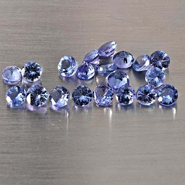 Natural Blue Tanzanite Gemstones 2.68 Ct. 20 Pcs. Round Shape 3 x 3 Mm.: Product ID: 807015108 Product Name: Natural Weight: 2.68 CT. Size: 3 x 3 x 2.2 MM. Shape: Round Color: Violetish Blue Clarity:VSI Luster: Good Gems Origin: Tanzania Treatment: Heated Crystal Structure