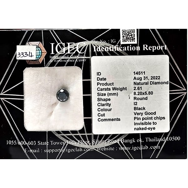 Natural Black Diamond 2.61 Ct. Round Brilliant Cut 8.20 x 5.80 Mm.: Product ID: 502100402 Product Name: Natural Enhanced Diamond Weight: 2.61 CT. Size: 8.20 x 5.80 MM. Shape: Round Color: black Clarity:Opaque Luster: Very Good Gems Origin: Belgium Treatment: None Crys