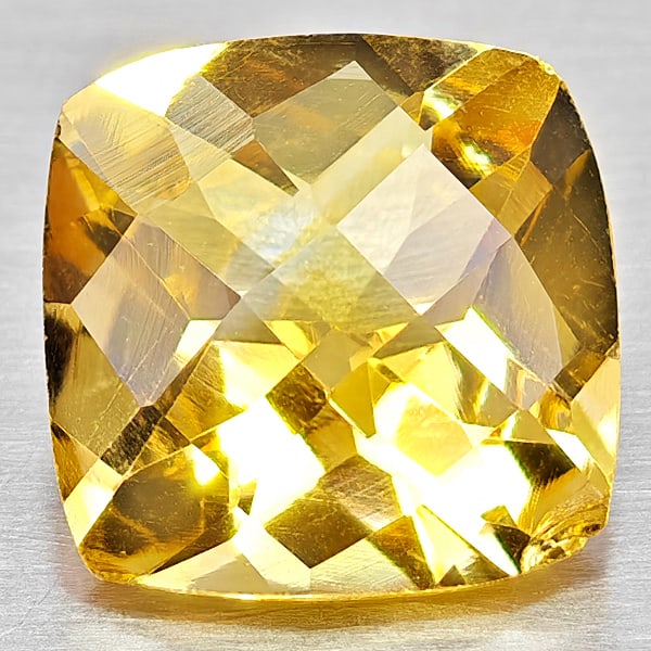 Natural Yellow Citrine Gemstones 2.50 Ct. Cushion Checkerboard Cut 9 x 9 Mm.: Product ID: 801815310 Product Name: Natural Citrine Weight: 2.50 CT. Size: 9 x 9 x 5.6 MM. Shape: Cushion Checkerboard Cut Color: Yellow Clarity:VVS - VSI Luster: Good Gems Origin: Brazil Treatment: U