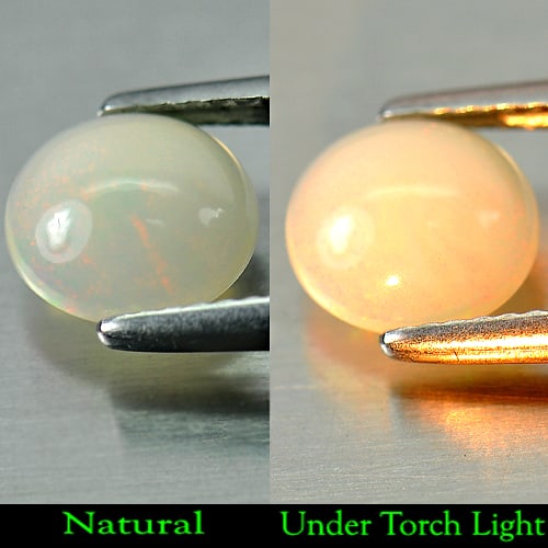 Natural Multi Color Opal Gemstones 0.97 Ct. Oval Cabochon 8 x 7.3 Mm.: Product ID: 818718302 Product Name: Natural Opal Weight: 0.97 CT. Size: 8 x 7.3 x 3.5 MM. Shape: Oval Cabochon Color: Multi Color Clarity:Semi - Transparent Luster: Good Gems Origin: Ethiopia Treatmen
