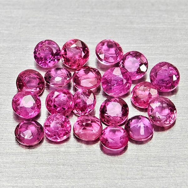 Natural Pinkish Red Ruby Gemstones 1.25 Ct. 20 Pcs. Round Shape 2.2 Mm.: Product ID: 805935399 Product Name: Natural Ruby Weight: 1.25 CT. Size: 2.2 x 2.2 x 1.4 MM. Shape: Round Color: Pinkish Red Clarity:VSI - SI1 Luster: Good Gems Origin: Thailand Treatment: Heated Cryst