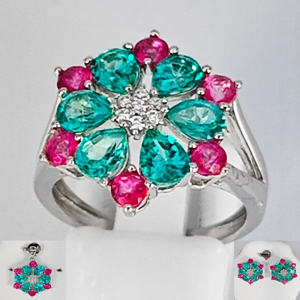Natural Pink and Paraiba Color Topaz with 925 Sterling Silver Set Jewelry 10.30 Grams Pendant & Ring: Product ID: 808500291 Product Type: 925 Sterling Silver Fine Jewelry Jewelry Weight: 10.30 Grams. Gemstones Color: Multi-Color Metal: Solid Silver 92.5%. Gemstone Detail: Topaz At Your Service: At Tre