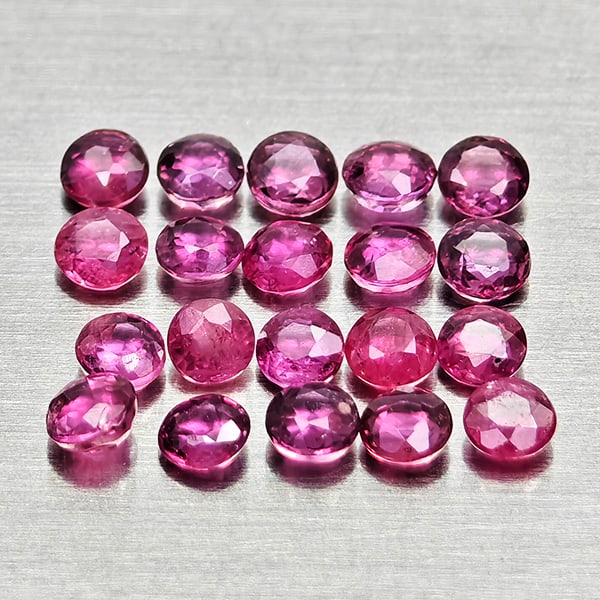 Natural Pinkish Red Ruby Gemstones 1.21 Ct. 20 Pcs. Round Shape 2.2 Mm.: Product ID: 805935343 Product Name: Natural Ruby Weight: 1.21 CT. Size: 2.2 x 2.2 x 1.6 MM. Shape: Round Color: Pinkish Red Clarity:VSI - SI1 Luster: Good Gems Origin: Thailand Treatment: Heated Cryst
