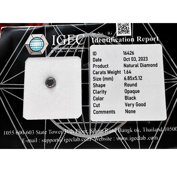 Natural Black Diamond 1.64 Ct. Round Brilliant Cut 6.85 x 5.12 Mm.: Product ID: 502100412 Product Name: Natural Enhanced Diamond Weight: 1.64 CT. Size: 6.85 x 5.12 MM. Shape: Round Color: black Clarity:Opaque Luster: Very Good Gems Origin: Belgium Treatment: None Crys