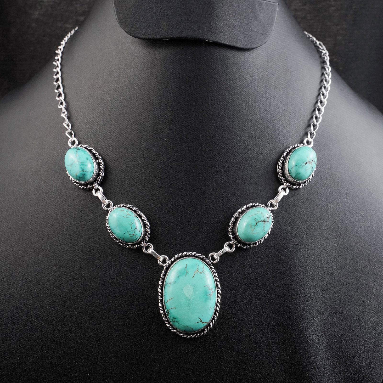 Natural Turquoise Silver Plated Handmade Choker Necklace: Product ID: 260430173521 Product - Handmade Silver Plated Necklace Metal - 92.5 Sterling Silver Plated Necklace Length - 18 Inch Gemstone - Turquoise Gemstone Size - 12X16 MM (4 Stone), 3X2 CM (1 Ston