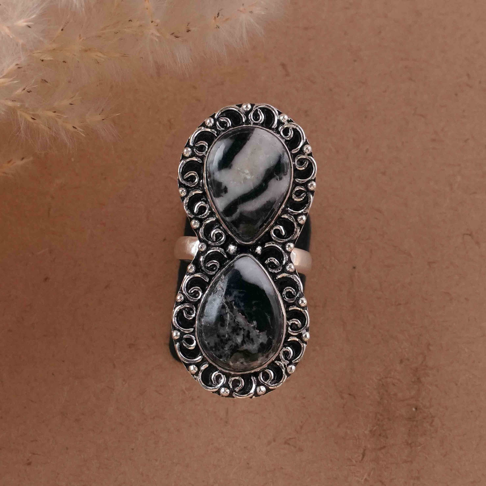 Natural Zebra Jasper Silver Plated Handmade Ring - 7.5MM: Product ID: 260430124029 Product - Handmade Silver Plated Ring Metal - 92.5 Sterling Silver Plated Ring Size - 7.5MM Gemstone - Zebra Jasper Gemstone Origin - Africa Gemstone Size - 12X16 MM ( 2 Stone