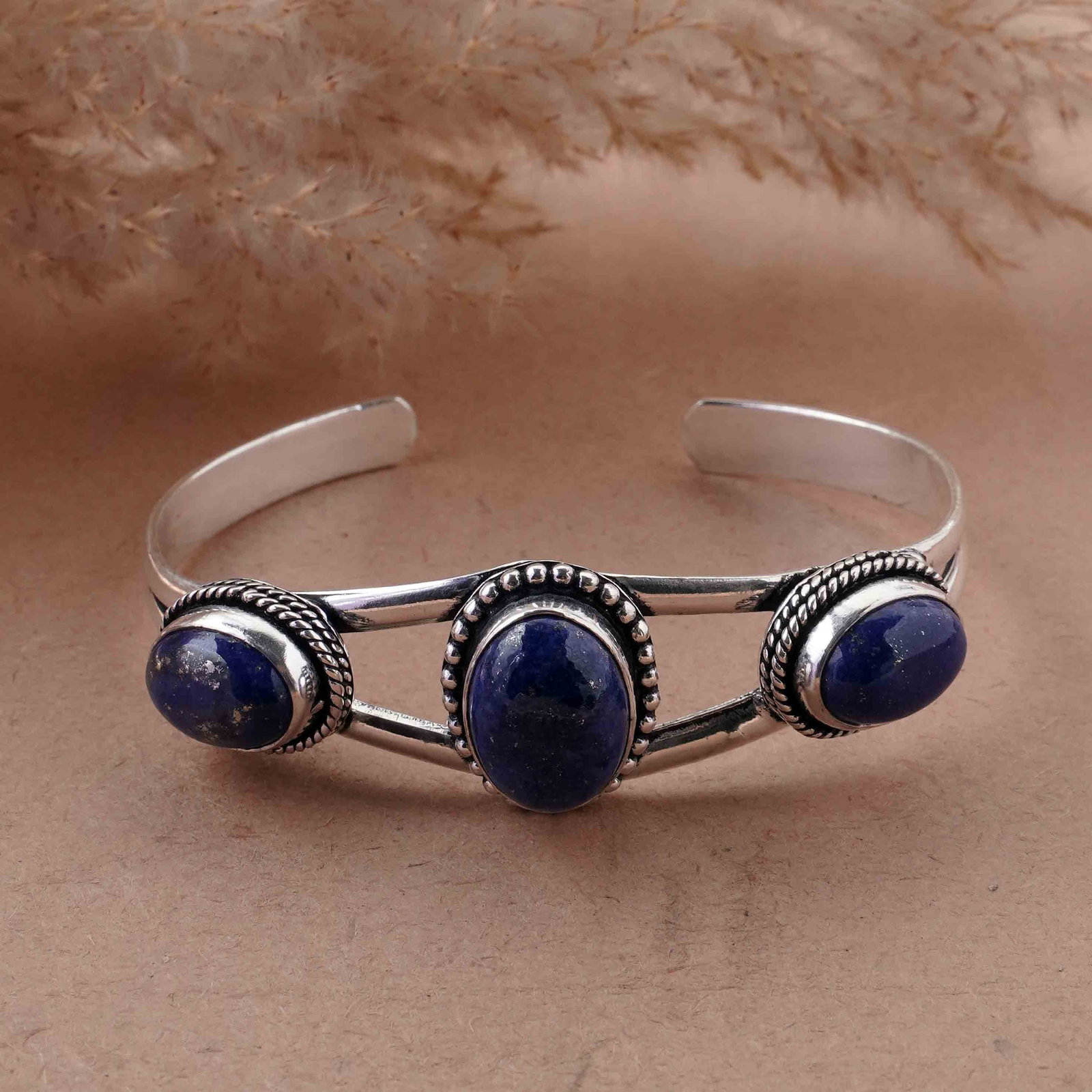 Natural Lapis Lazuli Sterling Silver Plated Handmade Cuff Bangle (1 of 4)