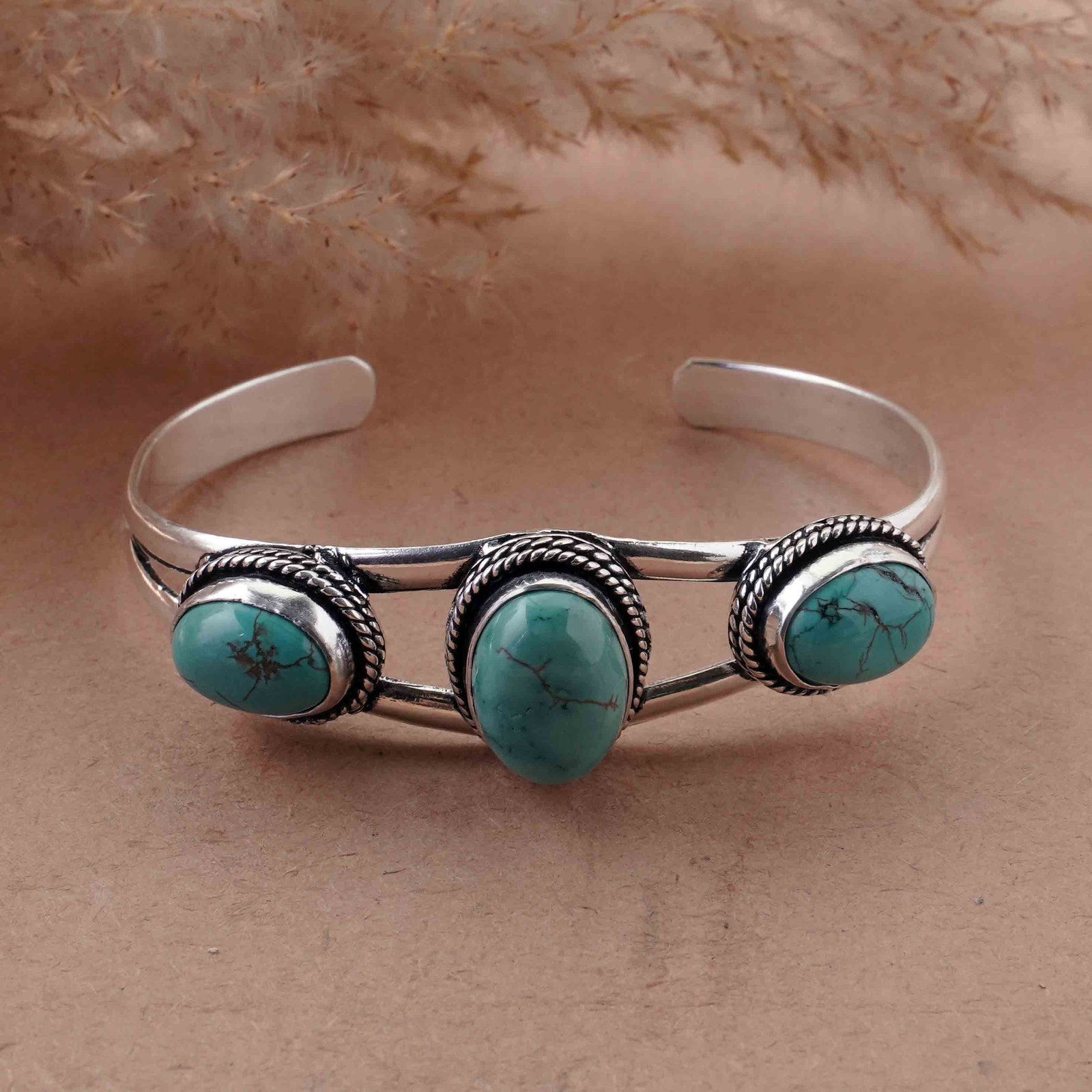 Natural Turquoise Sterling Silver Plated Handmade Cuff Bangle: Product ID: 260429153715 Product - Handmade Silver Plated Cuff Bangle Metal - 92.5 Sterling Silver Plated Bangle Size - 6.5x4.5 CM (Adjustable) Gemstone - Turquoise Gemstone Origin - Tibet Gemstone Si