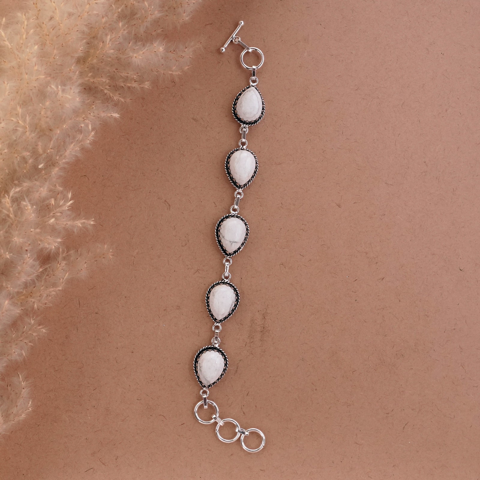 Natural Howlite Sterling Silver Plated Handmade Bracelet: Product ID: 260501134425 Product - Handmade Silver Plated Bracelet Metal - 92.5 Sterling Silver Plated Bracelet Length - 6 Inch + 2 Inch Gemstone - Howlite Gemstone Size -12X16 ( 5 Stone) Gemstone Ori