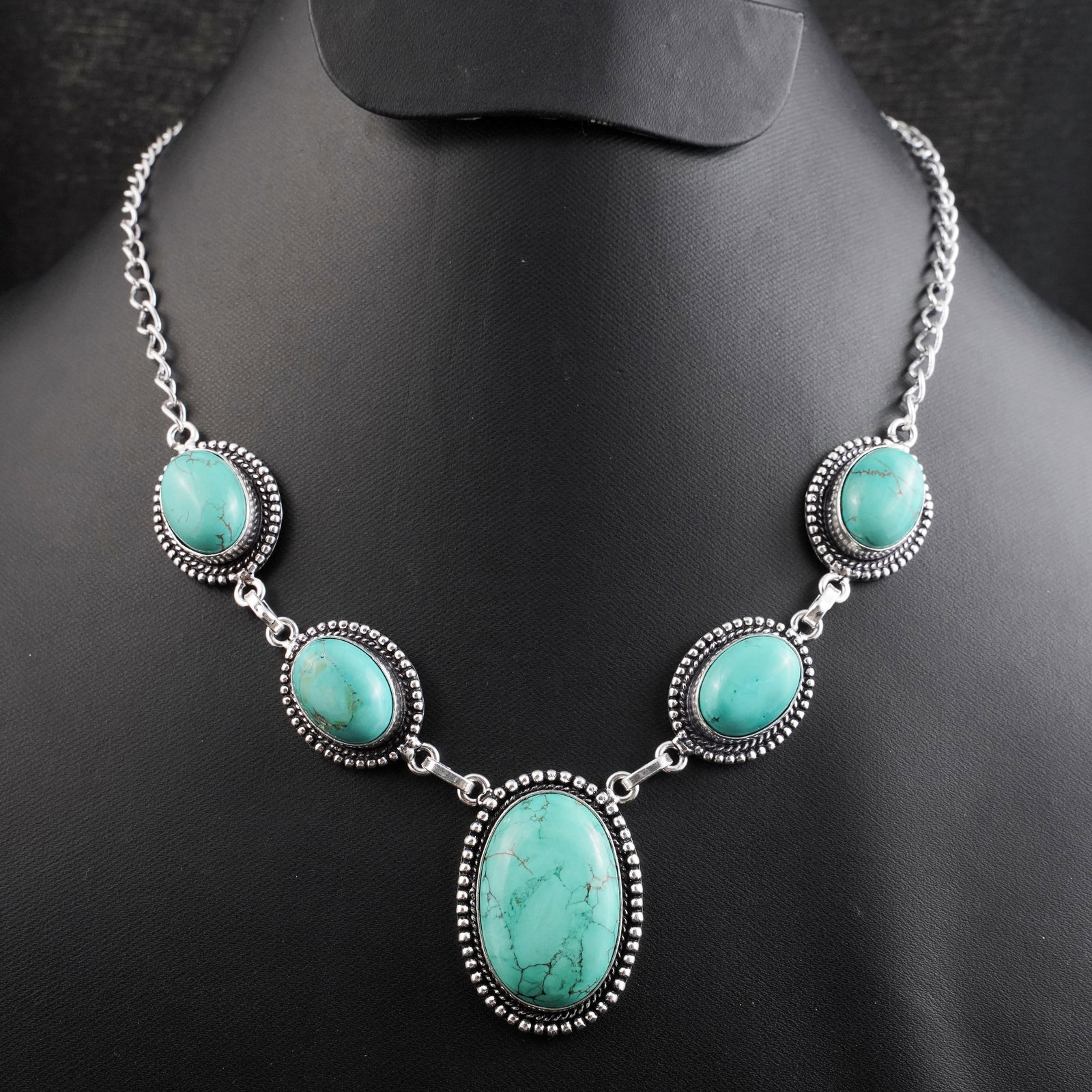 Natural Turquoise Sterling Silver Plated Handmade Necklace: Product ID: 260430173302 Product - Handmade Silver Plated Necklace Metal - 92.5 Sterling Silver Plated Necklace Length - 18 Inch Gemstone - Turquoise Gemstone Size - 12X16 MM (4 Stone), 3X2 CM (1 Ston