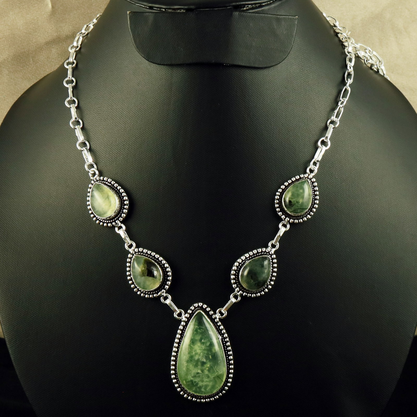 Natural Prehnite Sterling Silver Plated Handmade Necklace: Product ID: 260618115640 Product - Handmade Silver Plated Necklace Metal - 92.5 Sterling Silver Plated Necklace Length - 18 Inch Gemstone - Prehnite Gemstone Size - 12X16 MM (4 Stone), 3.5X2 CM (1 Sto