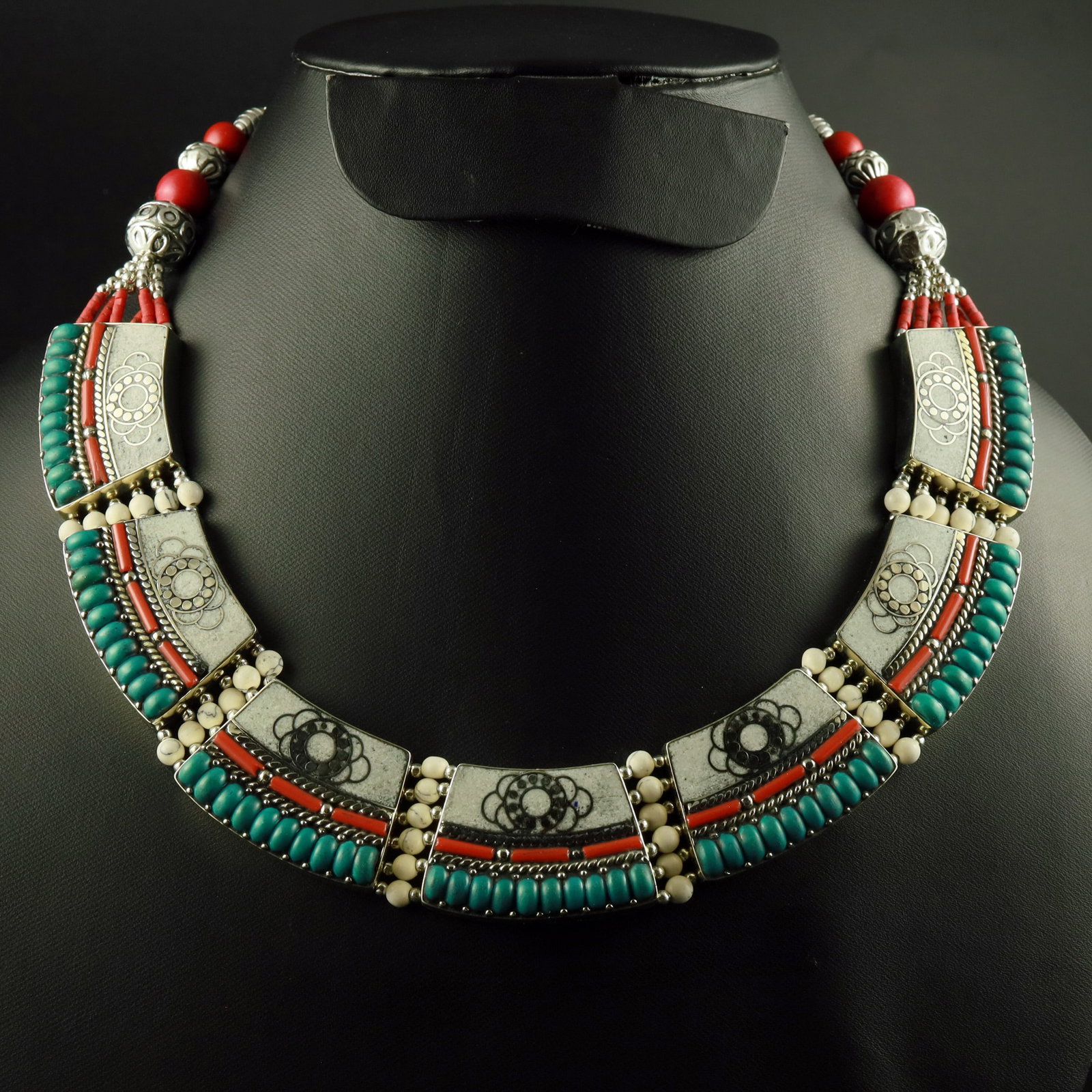 Tibetan Turquoise & Shell Handmade Bold Necklace: Product ID: 260518175919 Product - Tibetan Handmade Ethnic Necklace Gemstone - Natural Turquoise & Shell Necklace Length - 18 Inch Necklace Weight - 175 Gram Approx Metal - Brass & Copper mix Metal Or