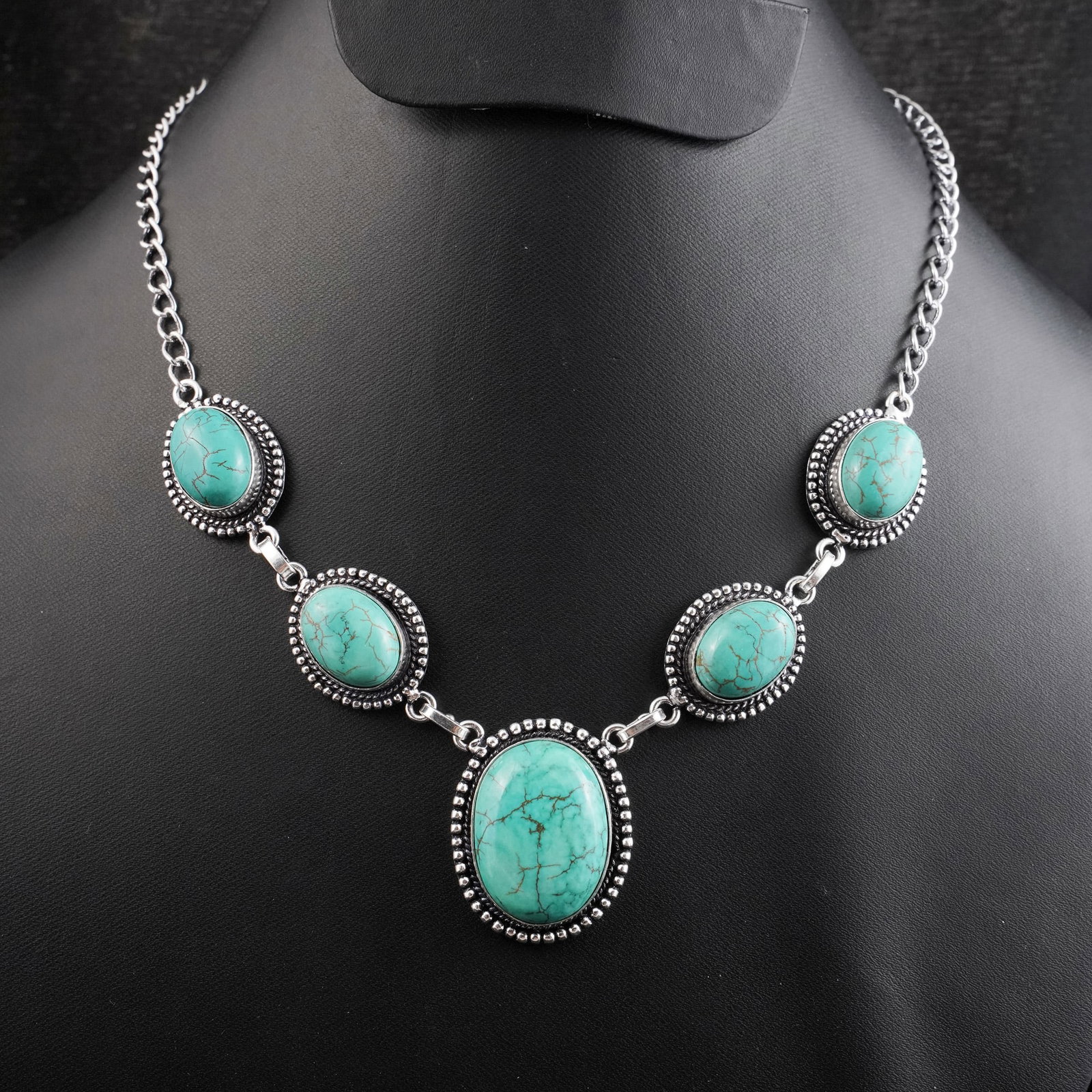 Natural Turquoise Silver Plated Handmade Choker Necklace: Product ID: 260430172833 Product - Handmade Silver Plated Necklace Metal - 92.5 Sterling Silver Plated Necklace Length - 18 Inch Gemstone - Turquoise Gemstone Size - 12X16 MM (4 Stone), 2.5X2 CM (1 St