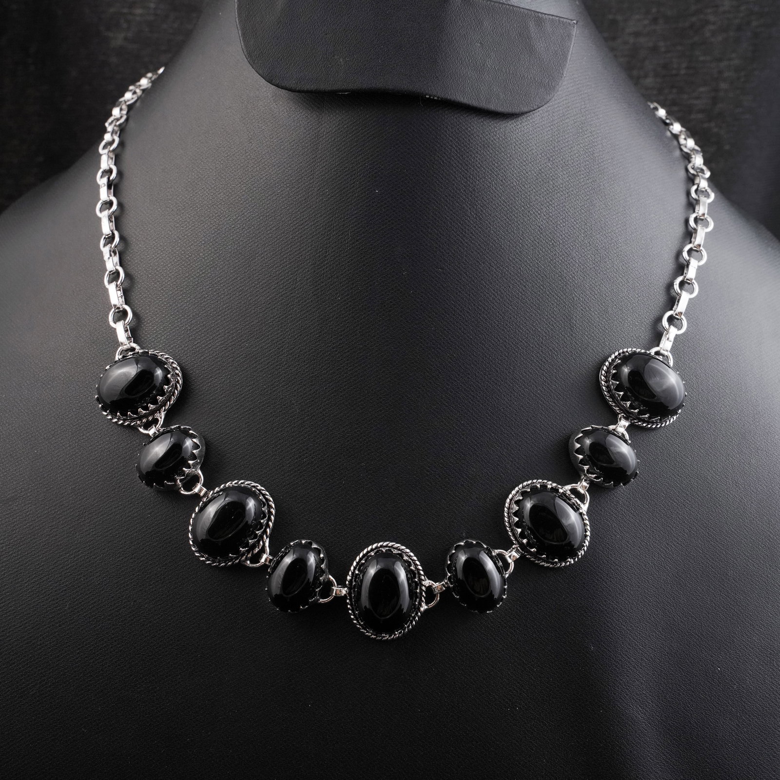 Natural Black Onyx Sterling Silver Plated Handmade Choker Necklace: Product ID: 260430160748 Product - Handmade Silver Plated Necklace Metal - 92.5 Sterling Silver Plated Necklace Length - 18 Inch Gemstone - Black Onyx Gemstone Size - 12X16 MM (5 Stone), 10X14 MM (4 S