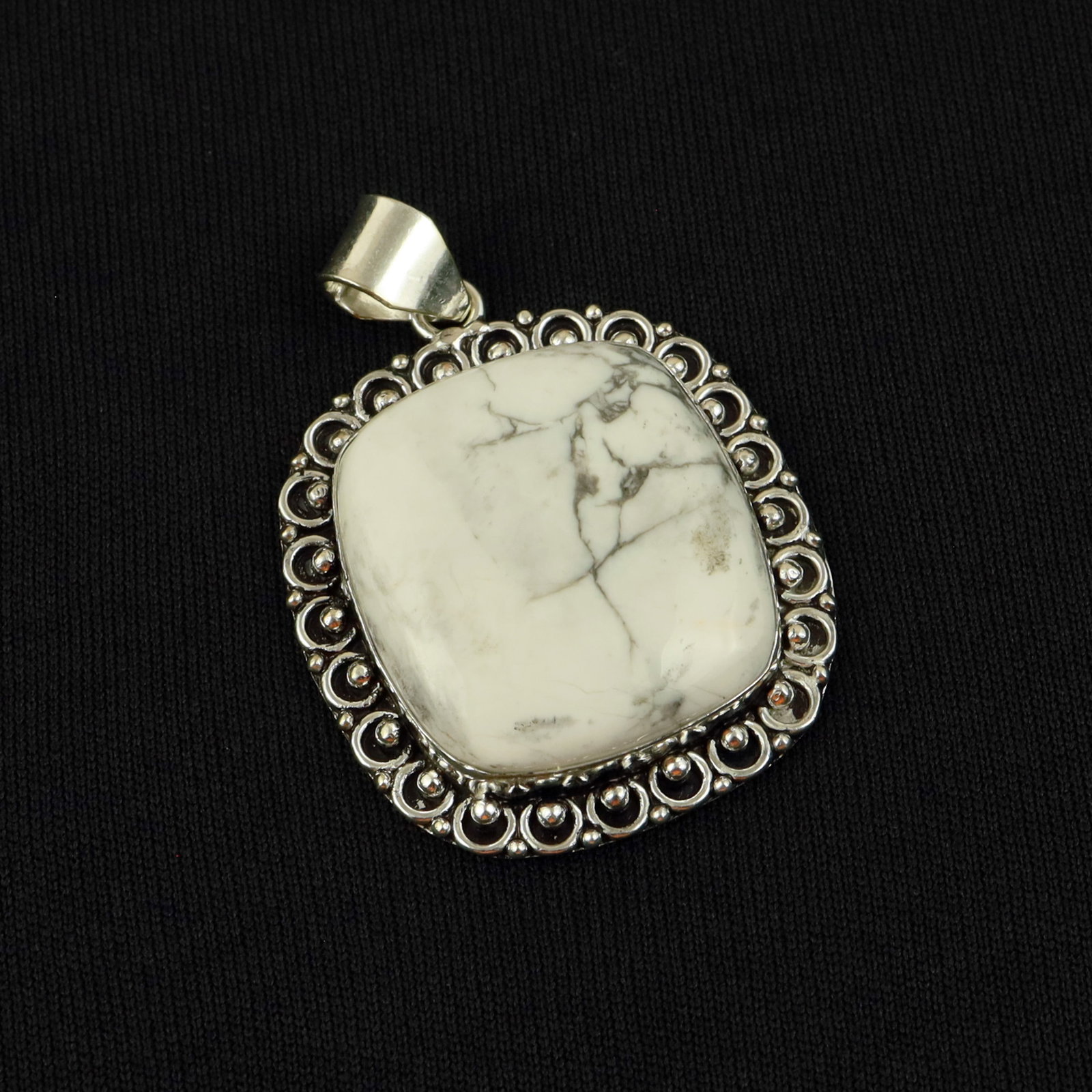 Natural Howlite Sterling Silver Plated Handmade Pendant: Product ID: 260517184631 Product - Handmade Silver Plated Pendant Metal - 92.5 Sterling Silver Plated Pendant Size - 4x3.5 CM Gemstone - Howlite Gemstone Origin - Canada Gemstone Shape - Square Pendan