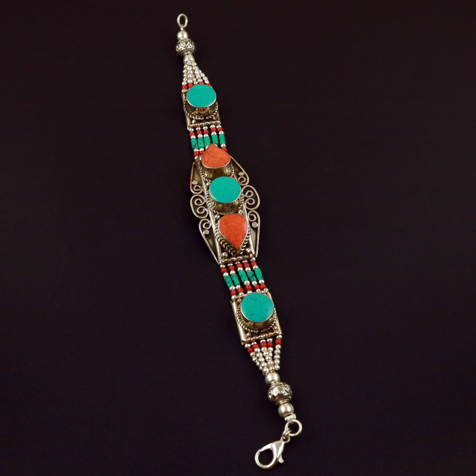 Tibetan Natural Turquoise & Coral Handmade Boho Bracelet (1 of 3)