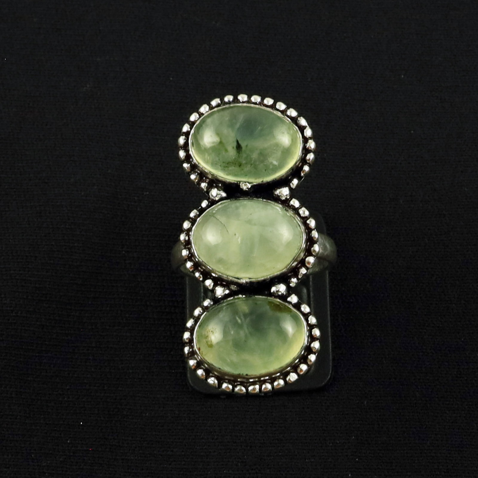 Natural Prehnite Sterling Silver Plated Handmade Ring - 9.5MM: Product ID: 260620133740 Product - Handmade Silver Plated Ring Metal - 92.5 Sterling Silver Plated Ring Size - 9.5MM Gemstone - Prehnite Gemstone Origin - South Africa Gemstone Size - 10X14 MM ( 3 Sto