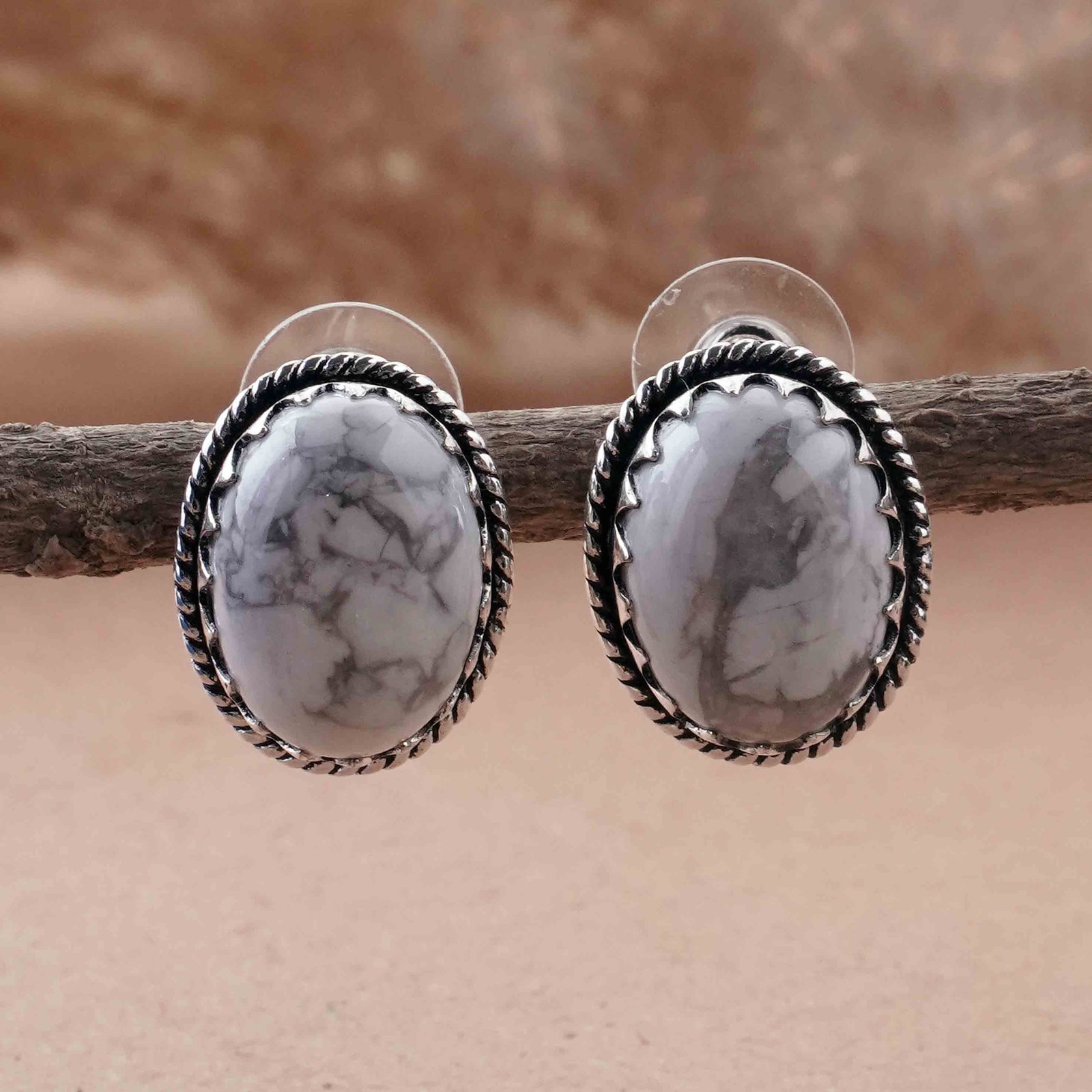 Natural Howlite Sterling Silver Plated Handmade Stud Earring: Product ID: 260418101839 Product - Handmade Silver Plated Stud Earring Metal - 92.5 Sterling Silver Plated Earring Type - Stud Gemstone - Howlite Gemstone Origin - Canada Gemstone Size - 12X16 MM ( 2 
