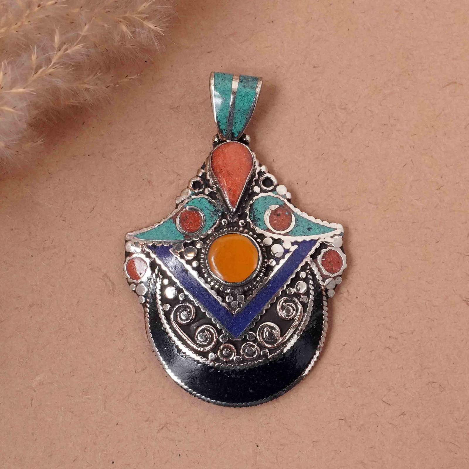 Tibetan Turquoise & Coral Handmade Ethnic Boho Pendant: Product ID: 260417143226 Product - Tibetan Handmade Ethnic Pendant Gemstone - Natural Turquoise & Coral & Black Onyx & Copal & Lapis Pendant Size - 6X4.5 CM Pendant Weight - 26 Gram Metal - Brass & Co