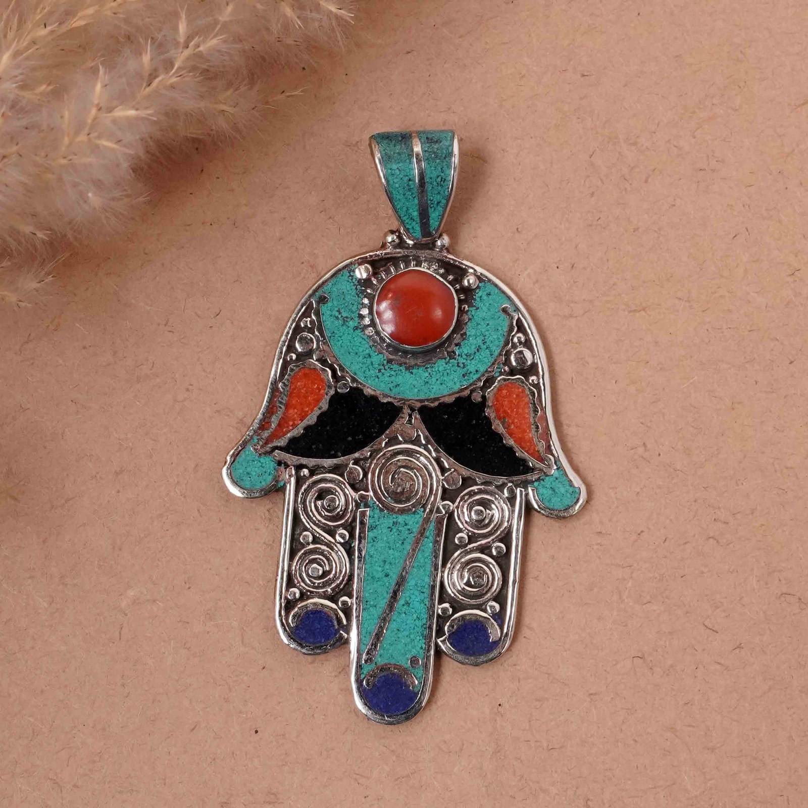 Tibetan Turquoise & Coral Handmade Fatima Hand Pendant: Product ID: 260417142706 Product - Tibetan Handmade Pendant Gemstone - Natural Turquoise & Coral & Black Onyx & Lapis Pendant Size - 6.5X4.5 CM Pendant Weight - 23 Gram Metal - Brass & Copper mix Meta