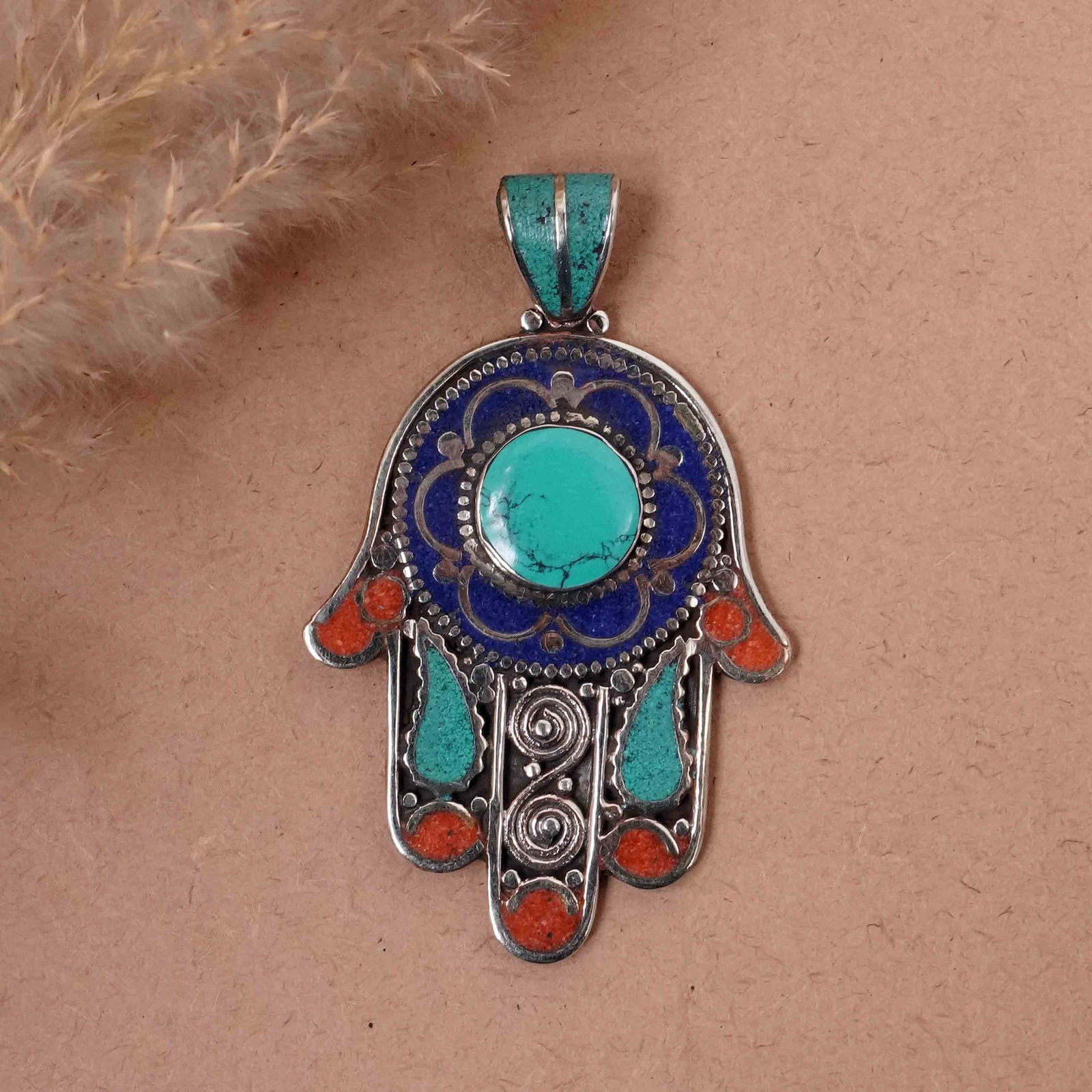 Tibetan Turquoise & Coral Handmade Fatima Hand Pendant (1 of 3)