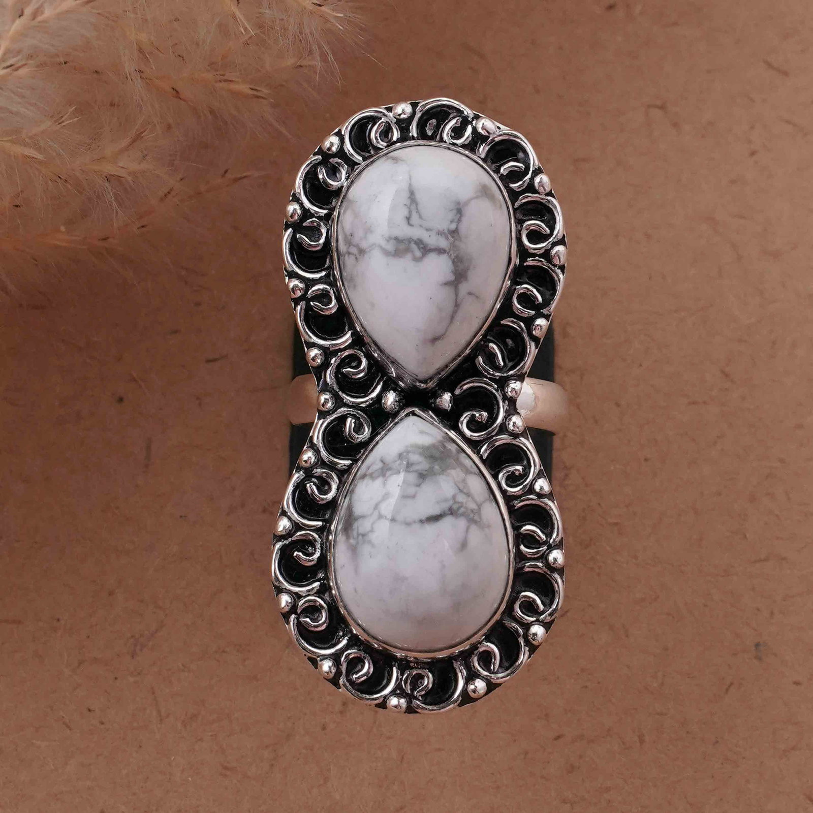 Natural Howlite Sterling Silver Plated Handmade Ring - 7MM: Product ID: 260417131213 Product - Handmade Silver Plated Ring Metal - 92.5 Sterling Silver Plated Ring Size - 7MM Gemstone - Howlite Gemstone Origin - Canada Gemstone Size - 12X16 MM ( 2 Stone ) Gems