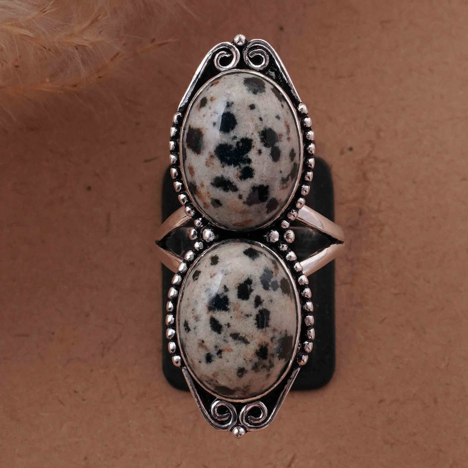 Natural Dalmatian Jasper Silver Plated Handmade Ring - 7.5MM: Product ID: 260417130110 Product - Handmade Silver Plated Ring Metal - 925 Sterling Silver Plated Ring Size - 7.5MM Gemstone - Dalmatian Gemstone Origin - Mexico Gemstone Size - 12X16 MM ( 2 Stone ) G