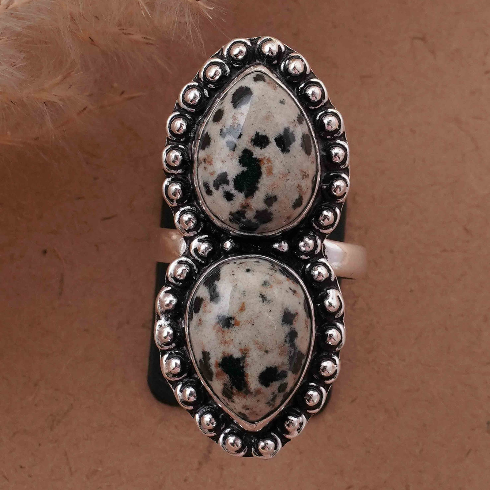 Natural Dalmatian Jasper Silver Plated Handmade Ring - 9.5MM: Product ID: 260417125700 Product - Handmade Silver Plated Ring Metal - 92.5 Sterling Silver Plated Ring Size - 9.5MM Gemstone - Dalmatian Jasper Gemstone Origin - Mexico Gemstone Size - 12X16 MM ( 2 S