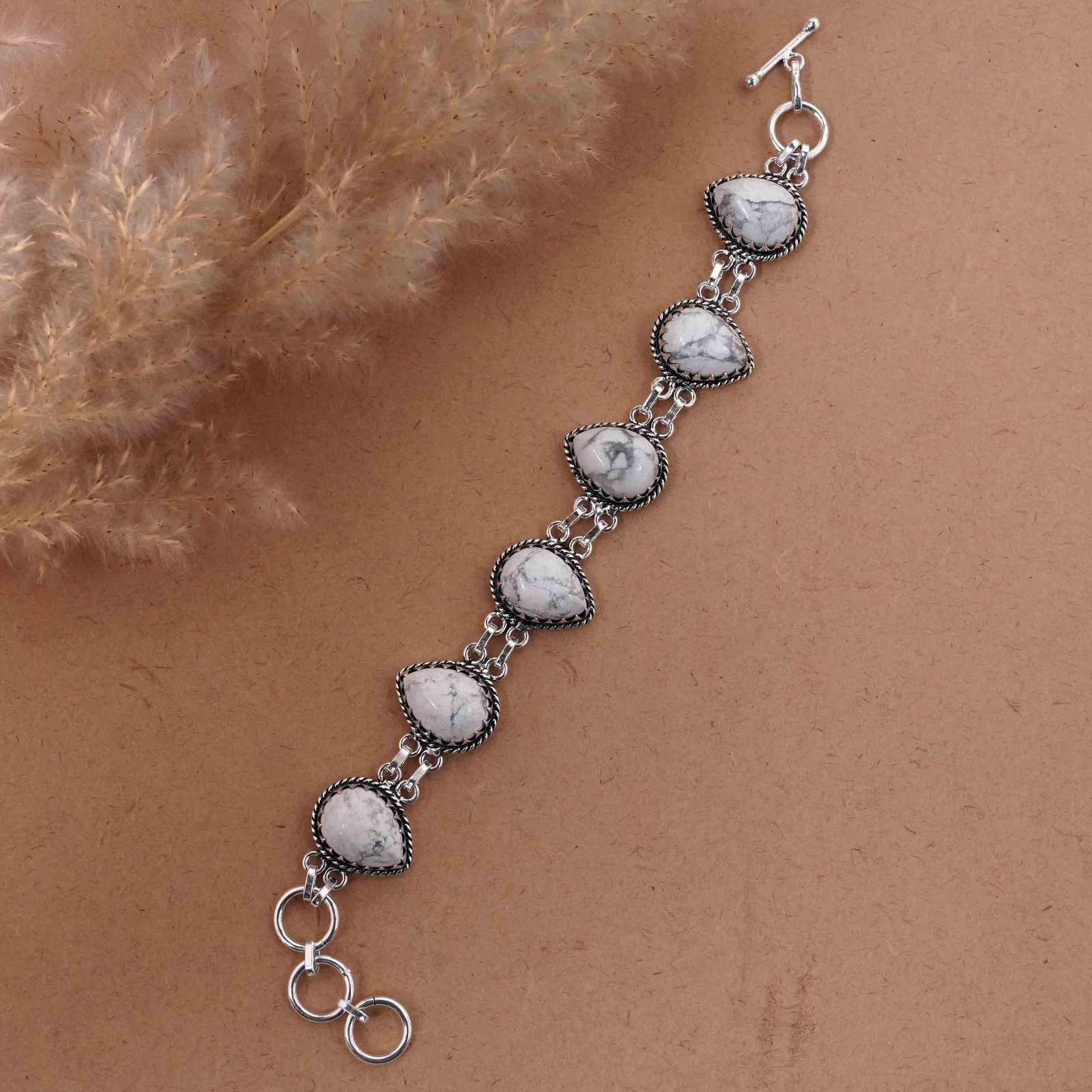 Natural Howlite Sterling Silver Plated Handmade Bracelet: Product ID: 260416160913 Product - Handmade Silver Plated Bracelet Metal - 92.5 Sterling Silver Plated Bracelet Length - 6 Inch + 2 Inch Gemstone - Howlite Gemstone Size -12X16 ( 6 Stone) Gemstone Ori