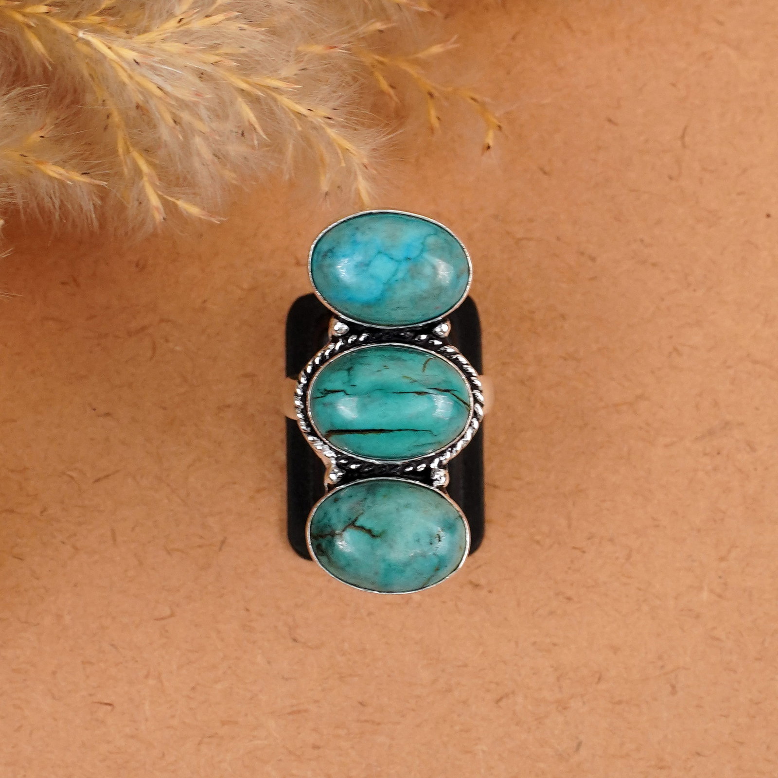 Natural Turquoise Sterling Silver Plated Handmade Ring - 7MM: Product ID: 260410163313 Product - Handmade Silver Plated Ring Metal - 92.5 Sterling Silver Plated Ring Size - 7MM Gemstone - Turquoise Gemstone Origin - Tibet Gemstone Size - 10X14 MM ( 3 Stone ) Gem