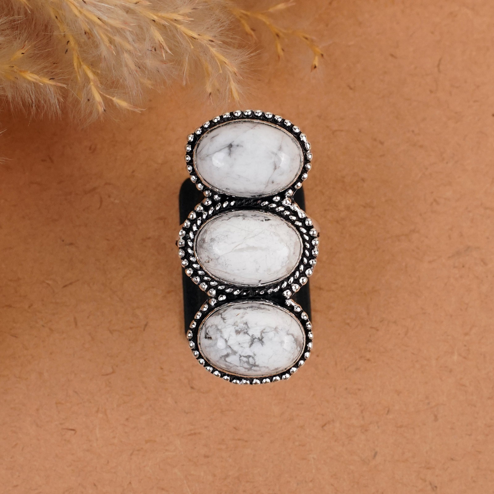 Natural Howlite Sterling Silver Plated Handmade Ring - 8MM: Product ID: 260410163214 Product - Handmade Silver Plated Ring Metal - 92.5 Sterling Silver Plated Ring Size - 8MM Gemstone - White Howlite Gemstone Origin - Canada Gemstone Size - 10X14 MM ( 3 Stone 