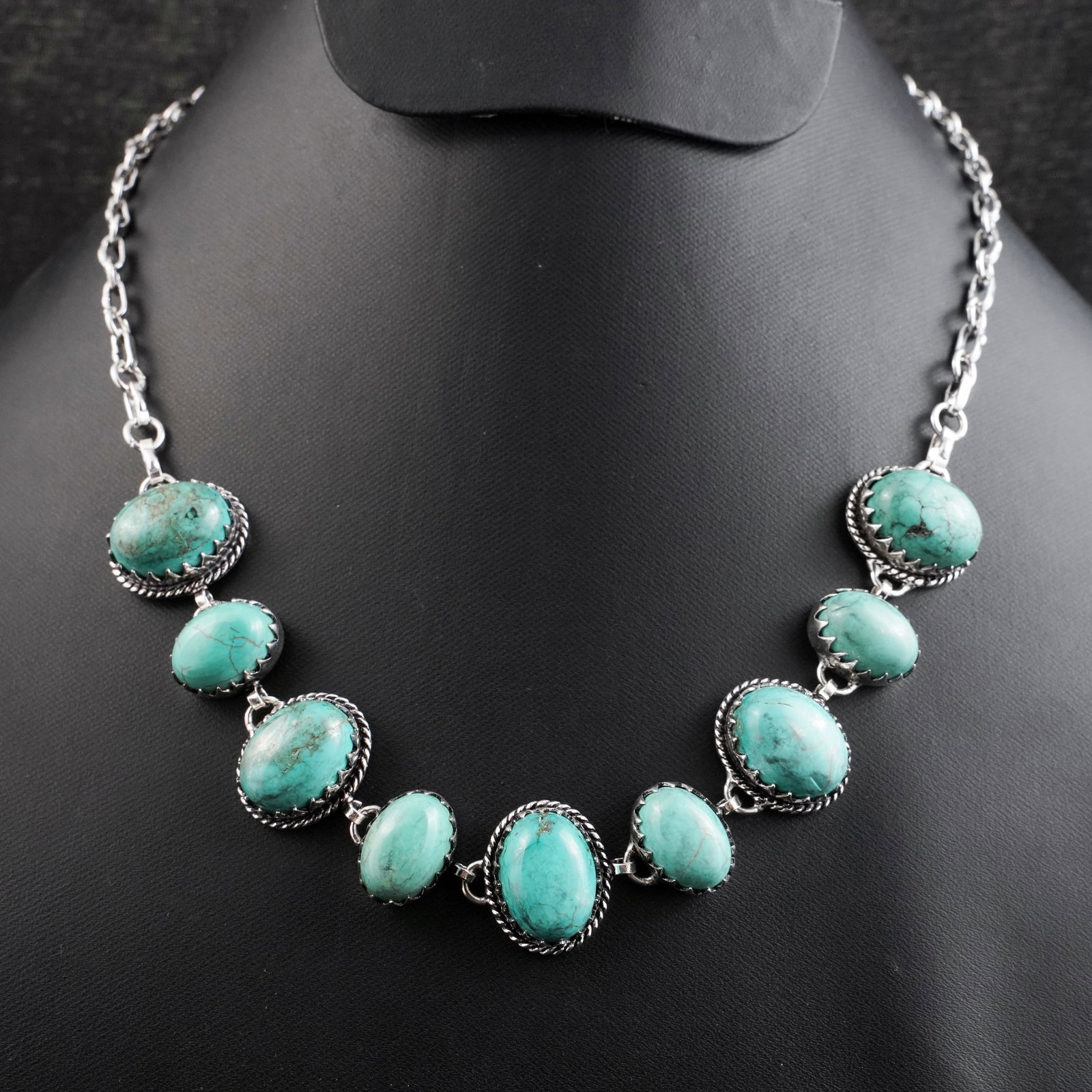 Natural Turquoise Sterling Silver Plated Handmade Necklace: Product ID: 260430152418 Product - Handmade Silver Plated Necklace Metal - 92.5 Sterling Silver Plated Necklace Length - 18 Inch Gemstone - Turquoise Gemstone Size - 12X16 MM (5 Stone), 10X14 MM (4 St