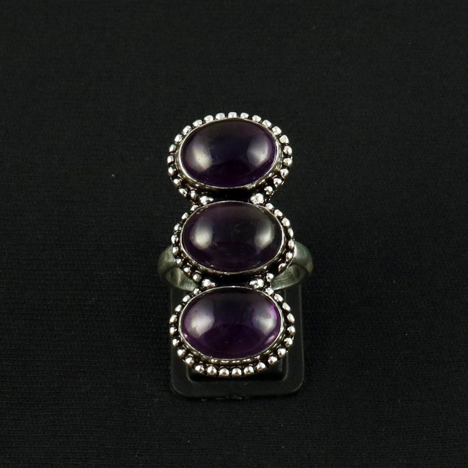 Natural Amethyst Sterling Silver Plated Handmade Ring - 9.5MM: Product ID: 260620133832 Product - Handmade Silver Plated Ring Metal - 92.5 Sterling Silver Plated Ring Size - 9.5MM Gemstone - Amethyst Gemstone Origin - South Africa Gemstone Size - 10X14 MM ( 3 Sto