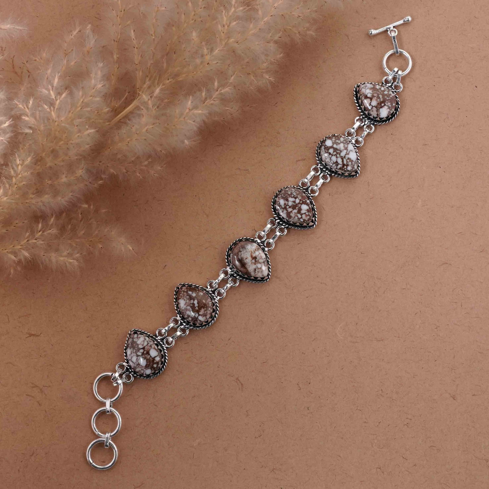 Natural Wild Horse Sterling Silver Plated Handmade Bracelet: Product ID: 260416160211 Product - Handmade Silver Plated Bracelet Metal - 92.5 Sterling Silver Plated Bracelet Length - 6 Inch + 2 Inch Gemstone - Wild Horse Gemstone Size -12X16 (6 Stone) Gemstone O