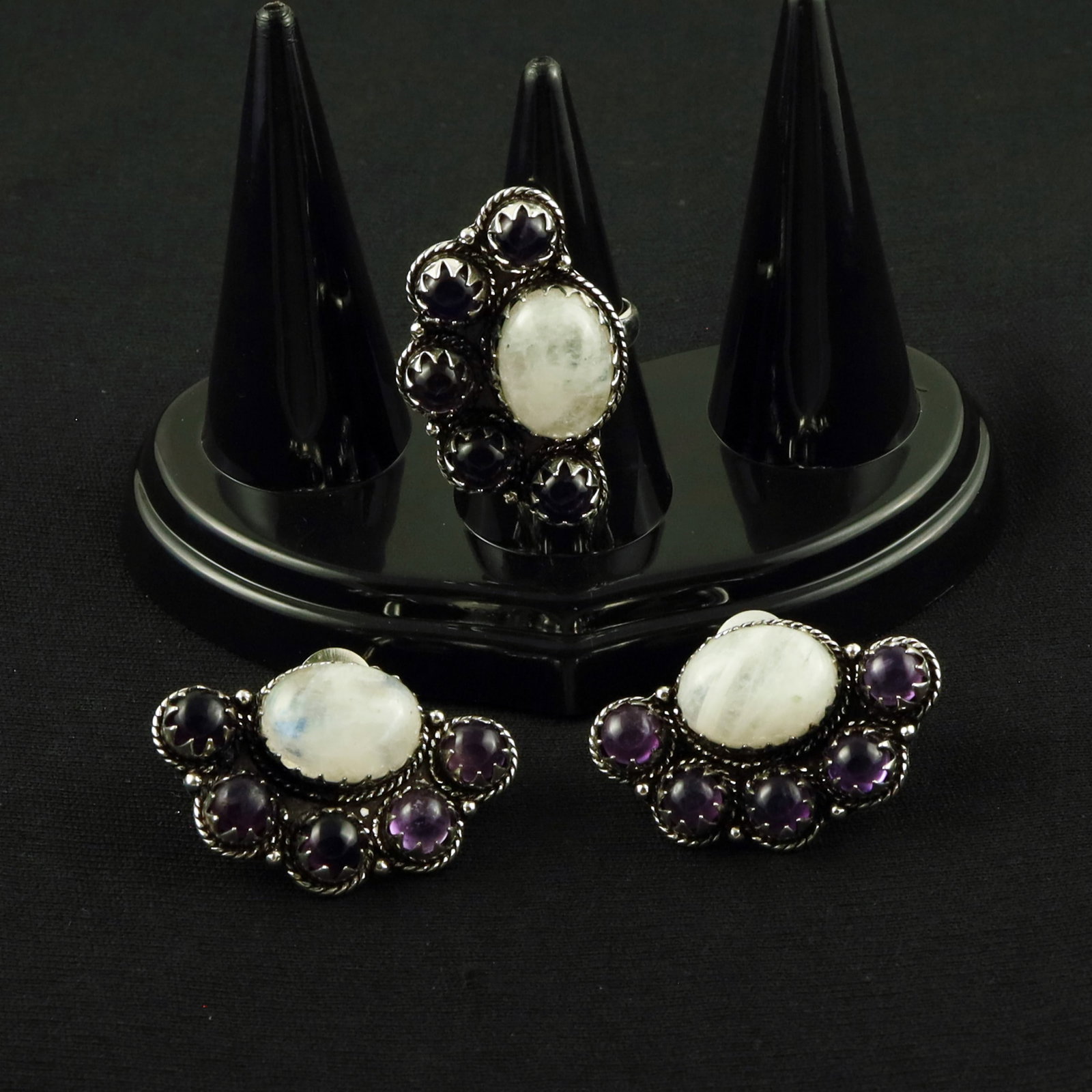 Natural Rainbow Moonstone & Amethyst Silver Plated Handmade Ring - 6.5MM With Stud Earring: Product ID: 260615125230 Product - Handmade Silver Plated Ring With Stud Earring Metal - 92.5 Sterling Silver Plated Earring Type - Stud Ring Size - 6.5MM Gemstone - Rainbow Moonstone & Amethyst Gemst