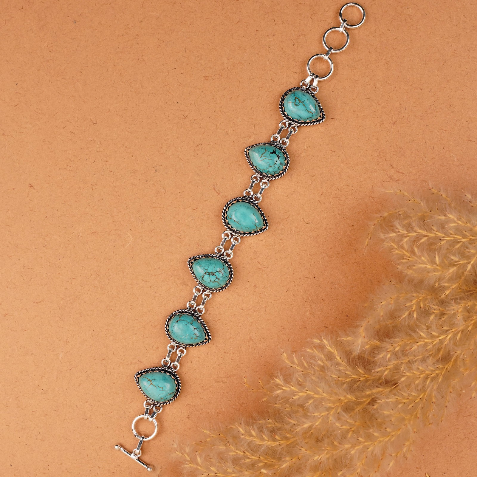 Natural Turquoise Sterling Silver Plated Handmade Bracelet: Product ID: 260410135900 Product - Handmade Silver Plated Bracelet Metal - 92.5 Sterling Silver Plated Bracelet Length - 6 Inch + 2 Inch Gemstone - Turquoise Gemstone Size -12X16 MM ( 6 Stone) Gemston