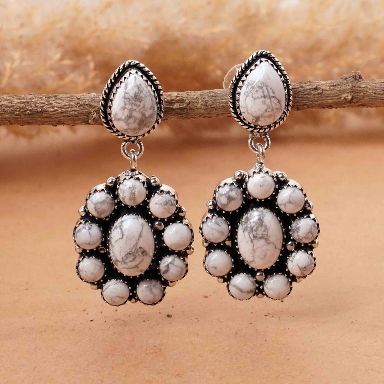 Natural Howlite Sterling Silver Plated Handmade Stud Earring: Product ID: 260413112240 Product - Handmade Silver Plated Stud Earring Metal - 92.5 Sterling Silver Plated Earring Type - Stud Gemstone - Howlite Gemstone Origin - Canada Gemstone Size - 10X14 MM ( 2 