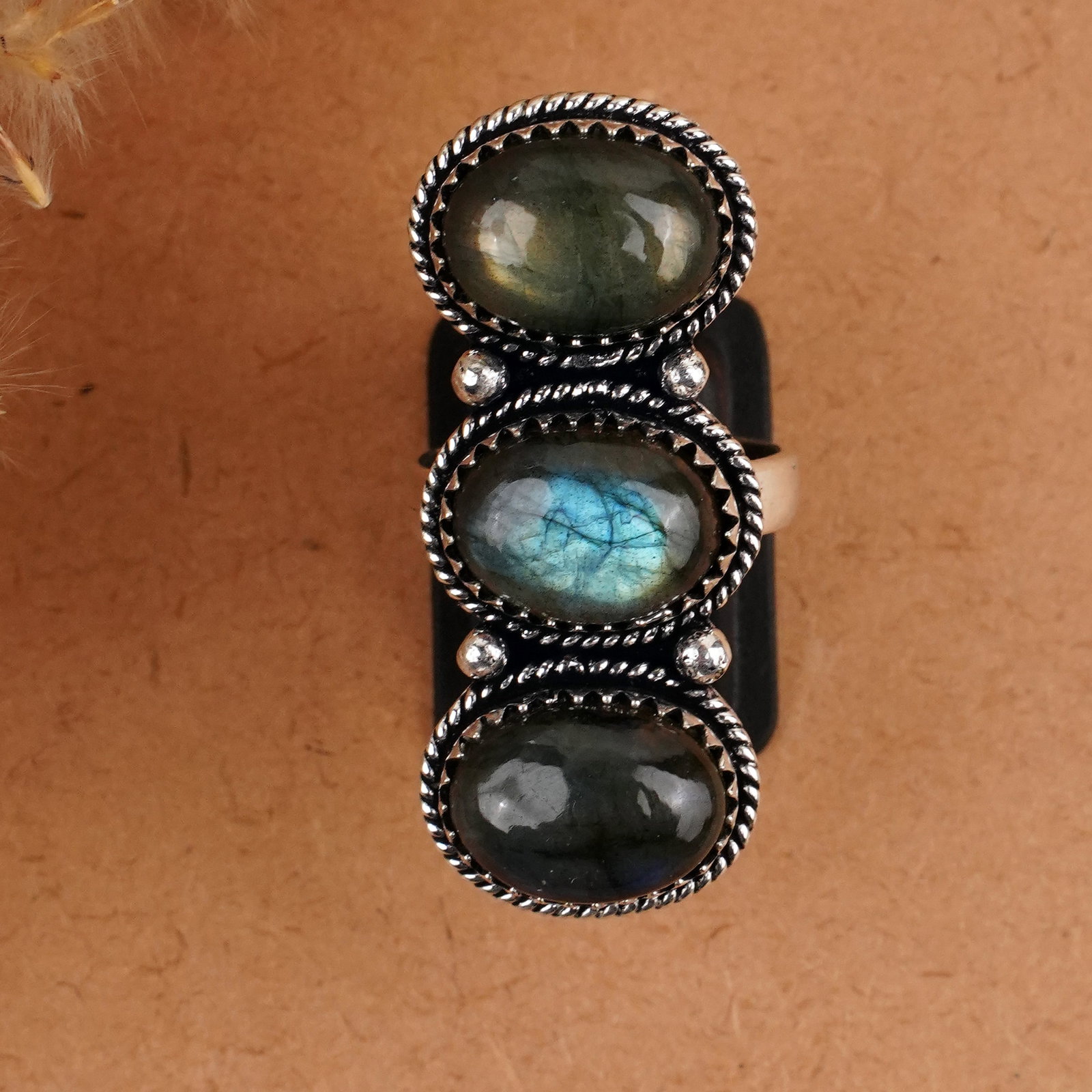 Natural Labradorite Sterling Silver Plated Handmade Ring - 8.5MM: Product ID: 260409145839 Product - Handmade Silver Plated Ring Metal - 92.5 Sterling Silver Plated Ring Size - 8.5MM Gemstone - Labradorite Gemstone Origin - Canada Gemstone Size - 10X14 MM ( 3 Stone 
